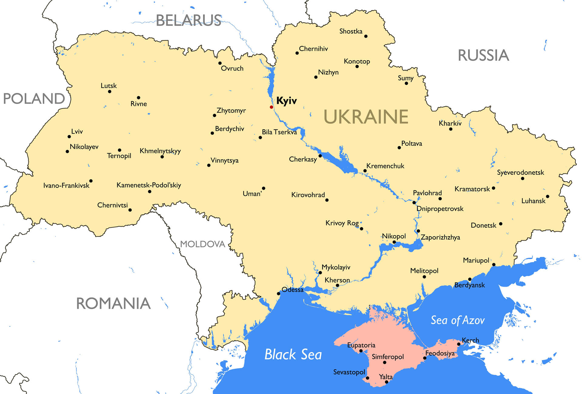 Carte vectorielle detaillee de l'Ukraine en couleur avec la Crimee